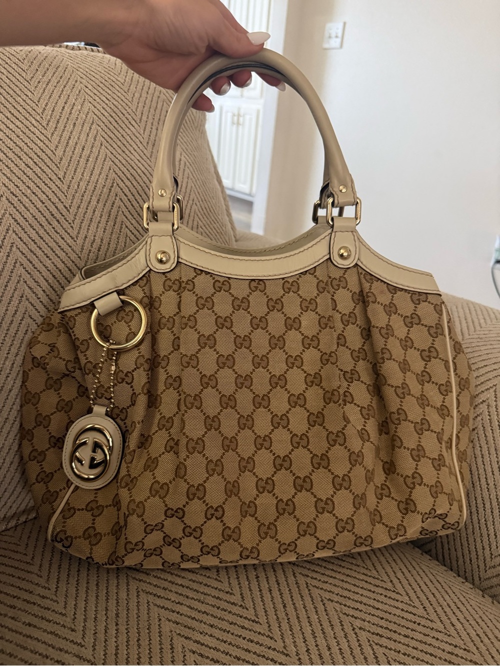 Gucci Beige Monogram Canvas Shoulder Bag with Cream Trim